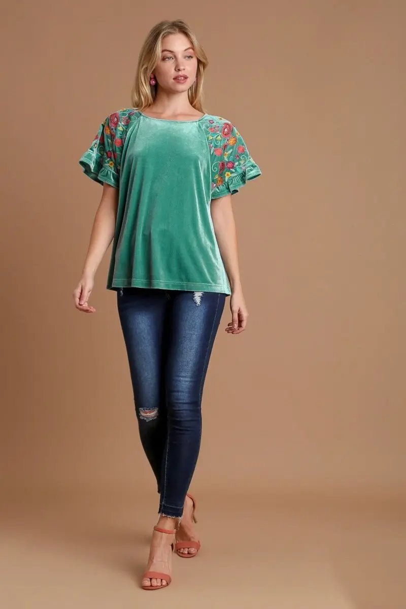 Umgee Velvet Embroidery Short Sleeve Blouse for Women - Love Salve